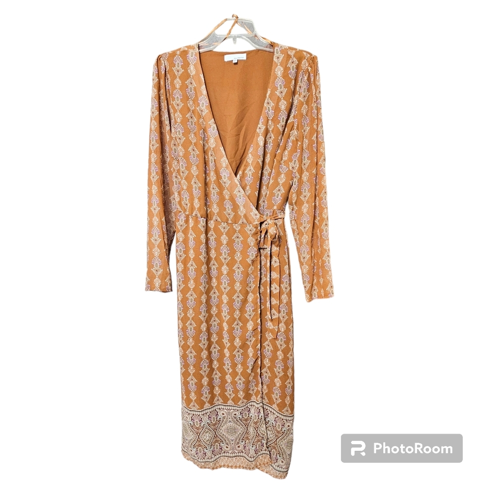 june & hudson Long Sleeve Wrap Midi Brown Paisley Print Dress Size Large Lined